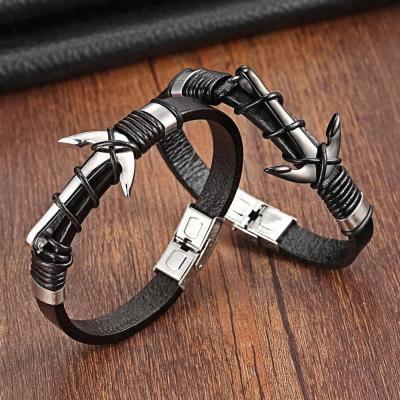 China FASHIONABLE Men's Anchor Stainless Steel Bracelet Bangle Fashion Color Leather Leather Bracelets Black Silver Accessories Male Jewelry for sale