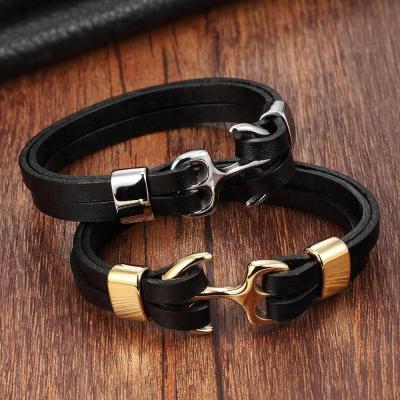 China FASHIONABLE Hot Sale Anchor Men's Bracelet Stainless Steel Genuine Leather Custom Logo Bracelet For Male Jewelry Gift Wholesale for sale