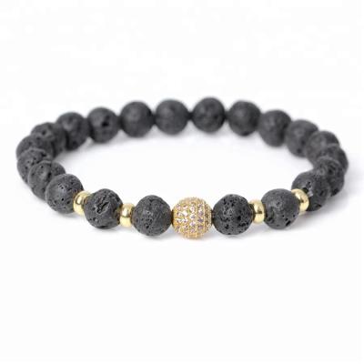 China Hot Sale Casual/Sporty Bracelet Manufacturer 18K Gold Plating Micro Pave Black CZ Beads Bracelets, Men's Lava Stone Beads Bracelet for sale