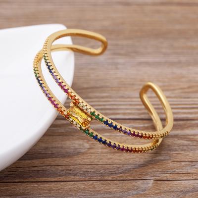 China Romantic Trendy Rainbow Crystal Cuff Bangles Cubic Zirconia Around Gold Bracelets For Women Wedding Party Jewelry Accessories Gifts for sale