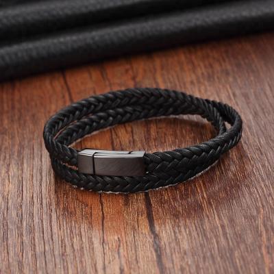 China FASHIONABLE Personality Stainless Steel Bracelet Double-Layer Bangle Bracelet Genuine Leather Handwoven Jewelry for sale