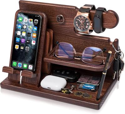 China Gray Sustainable Wooden Cell Phone Docking Station Main Wallet Holder Watch Storage Chain Bag for sale