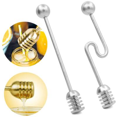 China Unique Viable Kitchen Gadgets Large Curved 304 Stainless Steel Handle Golden Metal Honey Spoon Stick Dipper for sale