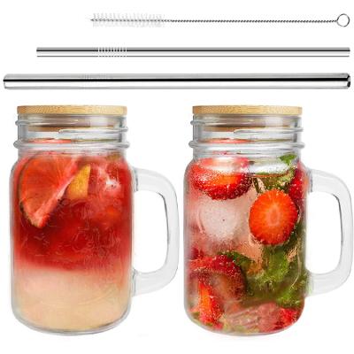 China Freshness Preservation Wholesale Clear Gradient Laser Logo 500ml 16oz Custom Glass Mason Jars With Handles and Straw Bamboo Lids for sale