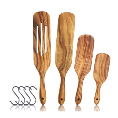 China Customized High Quality Viable Wooden Omelet Teak Kitchen Utensils Tools Spurtle Set Laser Logo Salad Stirring Drain Sauce of 4 for sale