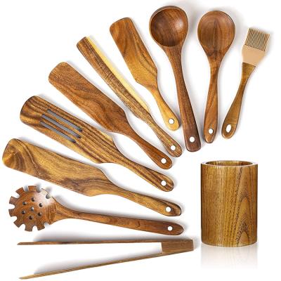 China Durable 11Pieces Luxurious 10 Pieces Non-Stick Acacia Ware Spurtles Wood Kitchen Tools Slotted Spurtle Spatula Sets With Rack for sale