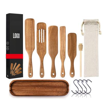 China Amazon's Viable Hot Selling Custom Logo 4-Piece 5-Piece 8 Piece Natural Acacia Kitchen Teak Plants Wood Spurtle Set For Cooking for sale