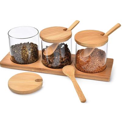 China Freshness Preservation Japanese Style 300ml 10 oz 3 in 1 Empty Glass Spice Kitchen Seasoning Storage Jar Set with Spoon and Bamboo Tray for sale