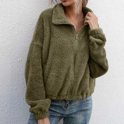 China New autumn and winter women's anti-wrinkle solid color plush lapel shorts blouse drawstring hoodie loose double-sided coat for sale