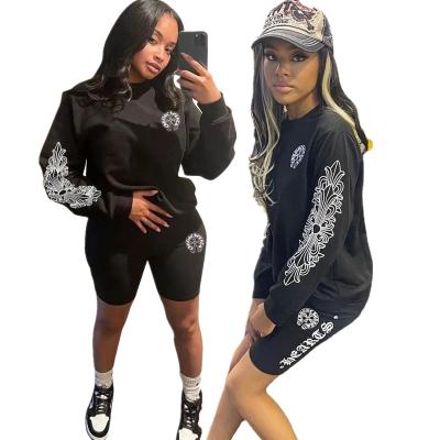 China Wholesale Brand Clothing Designer Anti-pilling Long Sleeve Sweatshirt Black Two Piece Shorts Sets Women 2 Piece Short Set Fashion for sale