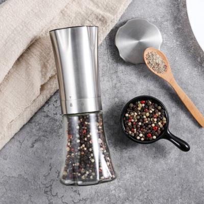 China Stainless Steel Coarse Battery Operated Salt and Pepper Shaker Grinder Battery Operated Adjustable Grinder with Ceramic Burrs 200ml Glass for sale