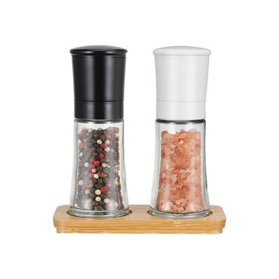 China ABS Viable Lid Jar Spice Salt and Pepper Grinder Ceramic Grinder Mills Set with Bamboo Base 70mlx2 for sale