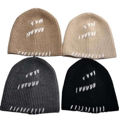 China COMMON Custom Embroidery Distressed Cashmere Blend Ribbed Beanie Hats For Winter for sale