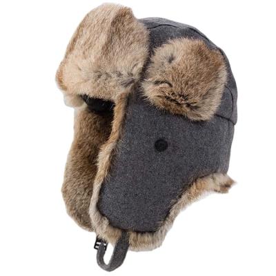 China breathable & Men's Rabbit Leather Fur Hat Dad Ushanka Dad Trapper Fur Hat Winter Russian Soviet Waterproof Hats For Men for sale