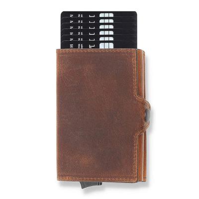 China Vintage RFID RFID Business Men ID Noise Card Holder Slim Thin Wallet Aluminum Genuine Leather YX Card Case for sale