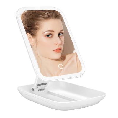 China Lighted Table Makeup Mirror Case LED Light Storage Box Desktop Foldable Cosmetic Led Lights Mirror for sale