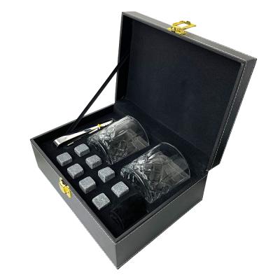 China Interesting workable PU leather box packed whiskey cooling ice cube for stretching stones with glass gift set and whiskey granite cooling stone set for sale