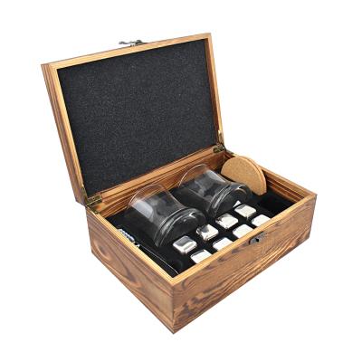 China Awesome Wooden Box Sustainable And Cooling Ice Cube Reusable Stone Granite Whiskey Stone Set With Twisted Glasses for sale