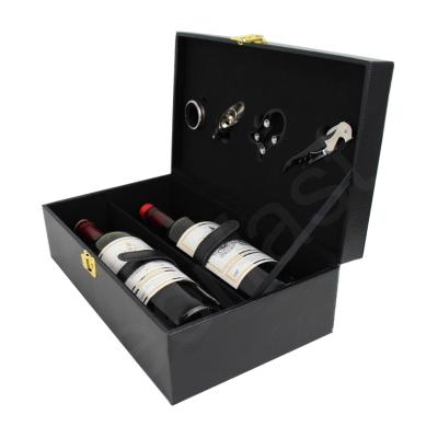 China Viable Handmade Premium Wine Case Carrier Leather Black Handle PU Wine Bottle Top Box Packing Double 750Ml Red Wine Box Packing for sale