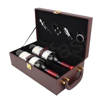 China Customized Viable Leather Gift Box PU Red Wine Packaging Champagne Storage Gift Packaging Box Brand Wine 750Ml Brown Double for sale