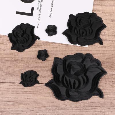 China New Fashion 3D Black Elegant Floral Iron On Embroidery Patch 5 Pcs Set For Apparel Garment for sale