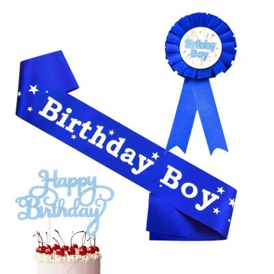 China Sash: satin+print letter badge: blue tinplate+fabric birthday party decorations happy birthday cake topper satin birthday boy sash and ribbon tinplate badge for sale