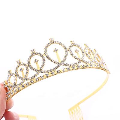 China Anniversary Supplies Wholesale Anniversary Crown Rhinestone Anniversary Tiara Gold Alloy Bridal Wedding Tiara for sale