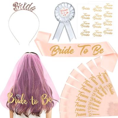 China Bachelorette party hen party decorations bride to be veil and sash team bride badge tattoo with bride alloy headband for bachelor party for sale