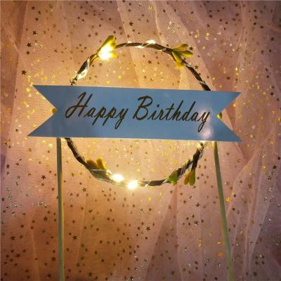 China Happy Birthday Party Props Birthday Party Decoration Birthday Yellow LED Cake Topper Garland Cake Toppers for sale