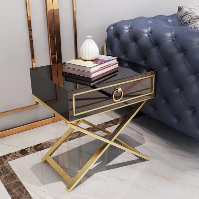 China (Size)Bedroom Furniture Nightstand Luxury White Black Metal X Leg Lacquered Bedside Table for sale