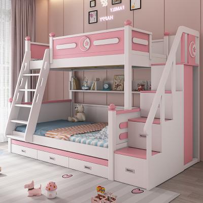 China Mediterranean European Princess Bedroom Furniture Wooden triple pink loft children kids girls bunk bed for sale