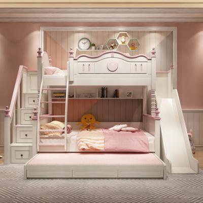 China Princess Pink Children Kids Triple Bunk Beds Girls Attic Contemporary Wood Bedroom Furniture Set Double Bunk Beds With Slide for sale