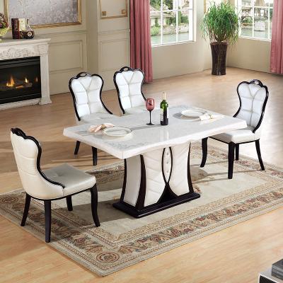 China (Other) Italian luxury designs adjustable plus white marble stone dining table set and 6 leather chairs for sale