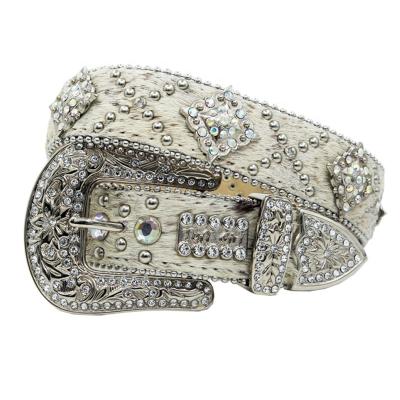 China Brindle Light Brindle Fleur De Lis Rhinestone Women Leather Western Horse Hair Belt for sale