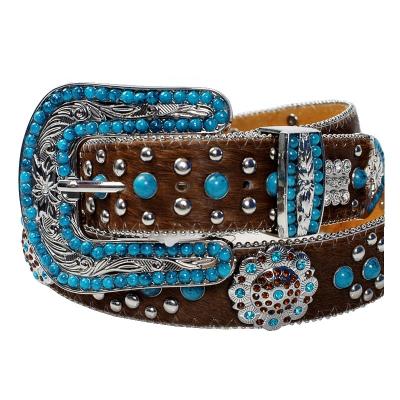 China Horse Hair Cowboy Girl Brown Belt Horsehair Turquoise Berries Navy Blue Rhinestone Nail Western Belt for sale