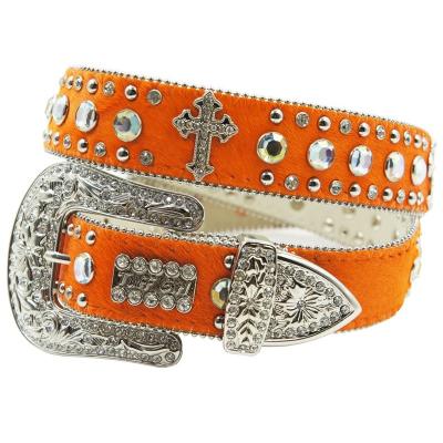 China Rhinestone Italian Western Cross Concho Horse Hair Orange Horsehair Leather Belt Cross Leather Belt for sale