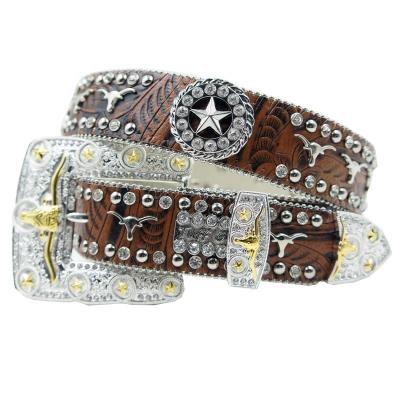 China ALLOY Brown High Quality Brindle Star Concho Rhinestone Western Men's Buckle Belt 95cm for sale