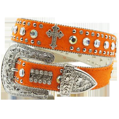 China Western Cross Leather Belt 100cm Concho Italian Rhinestone Horse Hair Orange Horsehair Leather Belt Cross for sale