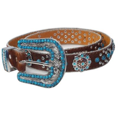 China Horse Hair Cowboy Girl Brown Hair Belt Turquoise Berries Navy Blue Rhinestone Nail Western Belt 100cm for sale