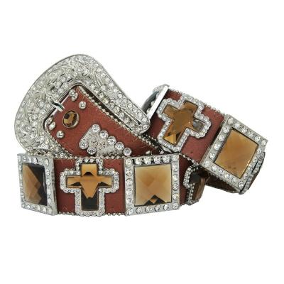 China Brindle Cowhide Cowgirl Brown Square Concho Whip Western Rhinestone Belt 100cm for sale