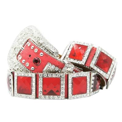 China ALLOY Red Square Hot Glass Concho Studded Western Stone Bling Belt 100cm for sale