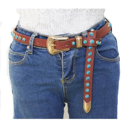 China Western Cowhide Brown Genuine Leather Belt Simply With Turquoise Stones 125cm for sale