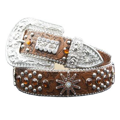 China New Style ALLOY Star Jet Prism Clear Brown Rhinestone Concho Cut Western Belt For Cowgirl 100cm for sale