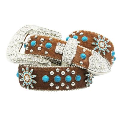 China Western Horse Hair Girl Brown Horse Hair Tooth Bling Vintage Rhinestone Belt 105cm for sale