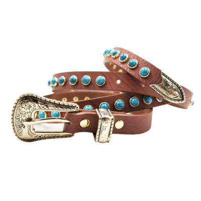 China Western Cowhide Brown Genuine Leather Belt Simply With Turquoise Stones 135cm for sale