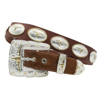 China Western Cowhide Brown Cowhide Texas Leather Gold Tauren Concho Studded Rhinestone Removable Buckle Belts 120cm for sale