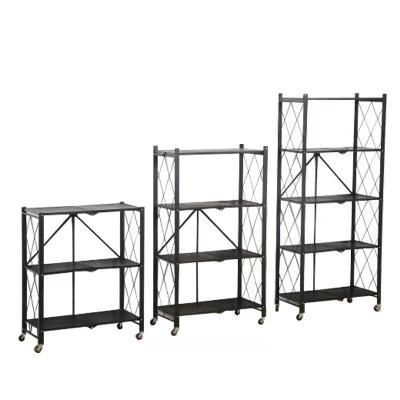 China Viable Movable Display Rack 4 Layers Metal Home Kitchen Organizer Storage Folding Shelf With Wheels for sale