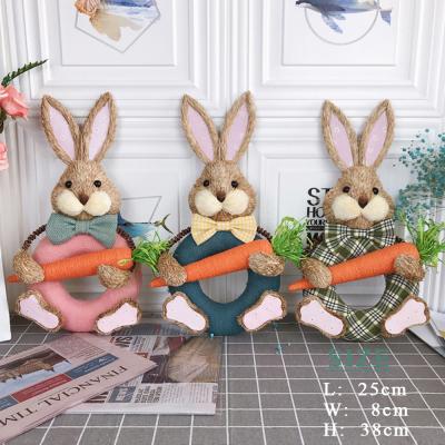 China New Easter Decoration 2021 Festival Rabbit Shape Handmade Sisal Craft Happy Hanging Wall Door Hanging Decoration for sale