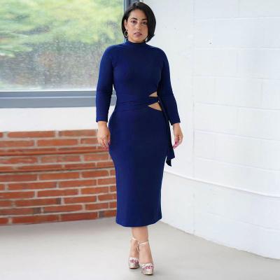 China Autumn Women's New Style Viable Solid Color Long Sleeve High Waist Skinny Belt Plus Size Hollow Out Dress for sale