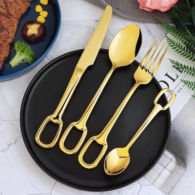 China Hot Sale 304 Gold Cutlery Flatware Set Viable Laser Wedding Flatware Set Logo Free Restaurant Stainless Steel Flatware for sale